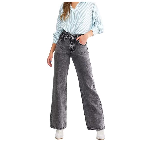 KanCan Estilo High Rise Wide Leg Jeans Mineral Wash Black Button fly 90's Y2K - Picture 1 of 8